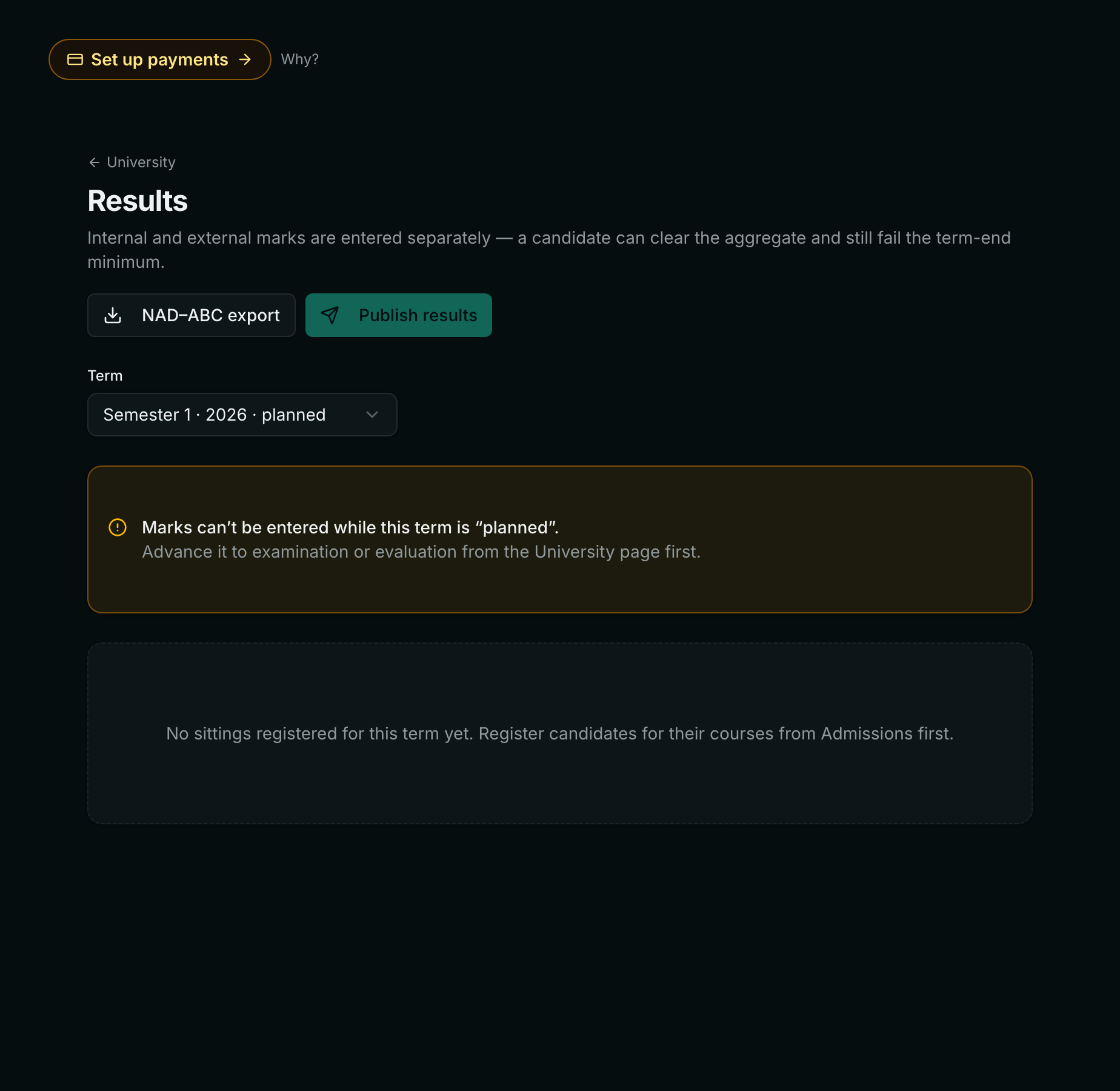 The attendance and results screen, where sessions held and sessions attended are recorded per candidate and internal and external marks are entered against the programme's maximums.