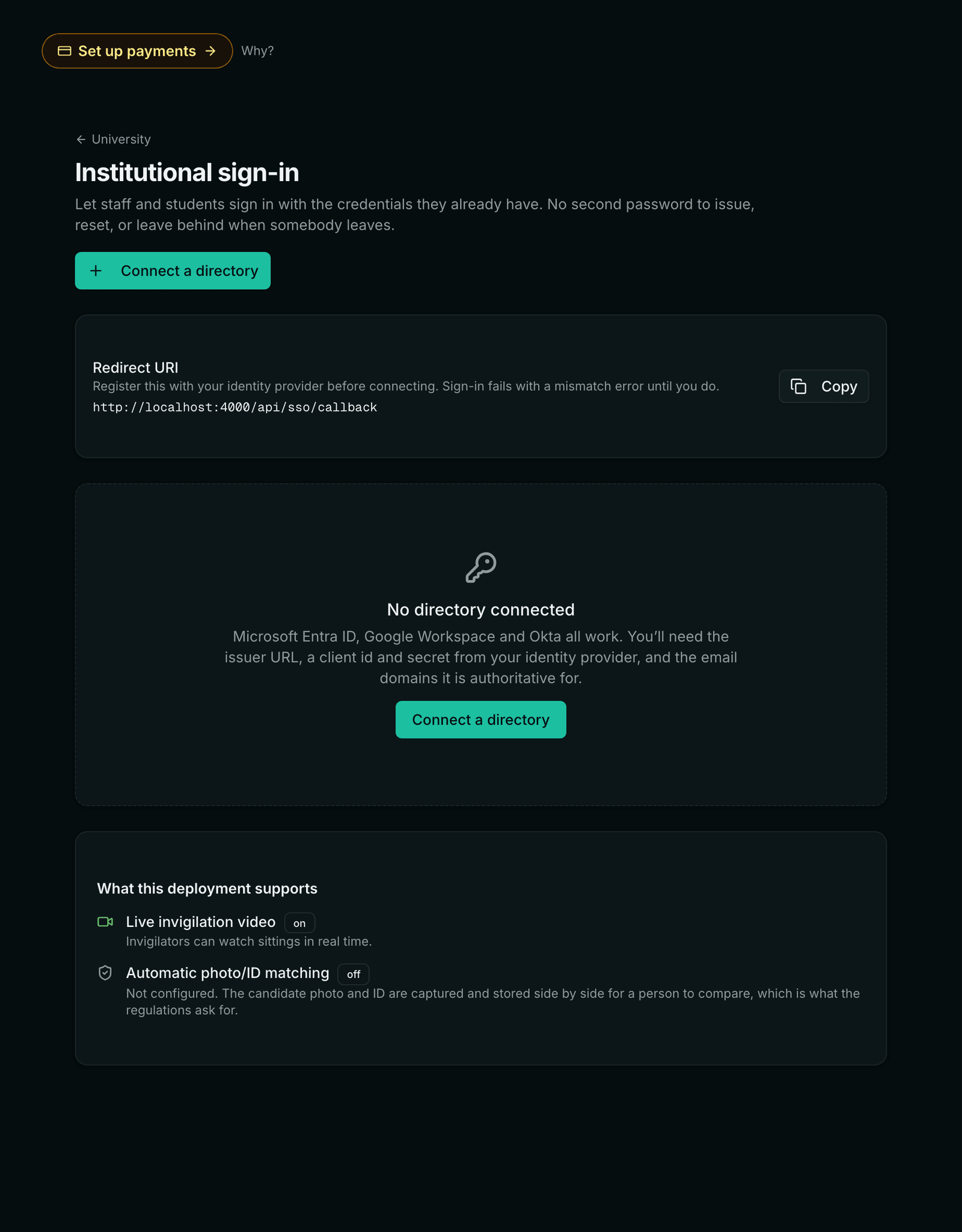 The Institutional sign-in screen, showing the redirect URI to give an identity provider and the fields for connecting an OpenID Connect directory including the email domain allowlist.