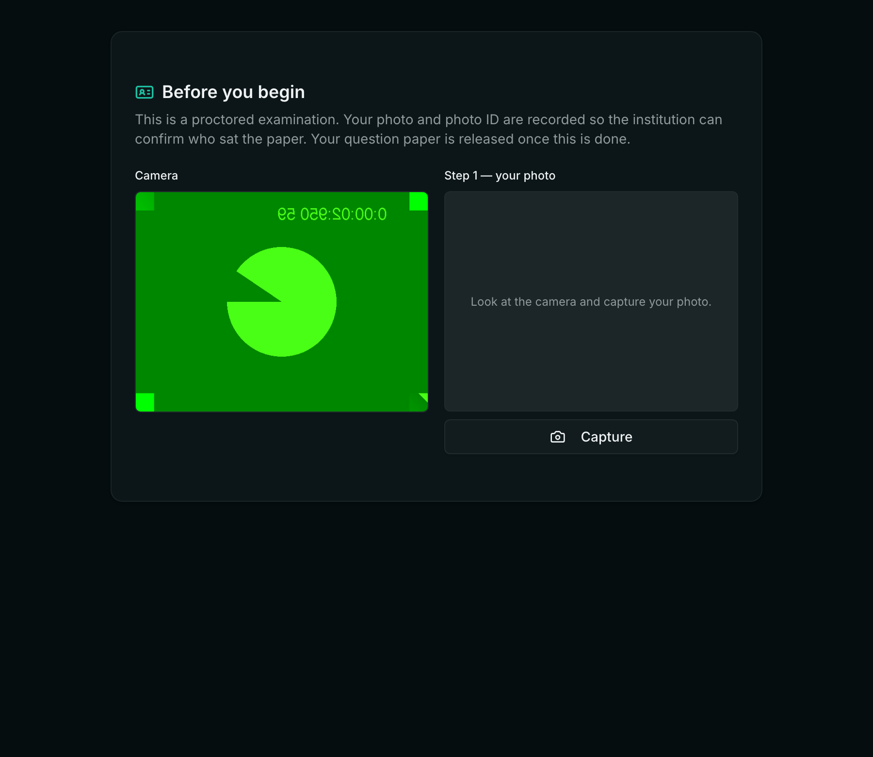 The same examination intro screen with a red panel reading 'This examination requires a camera. Allow camera access for this site and try again.'