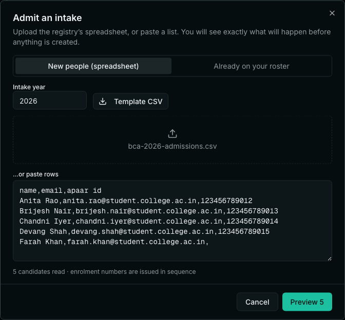 The Admit an intake dialog with a CSV file dropped in, showing the intake year, a template download, a drop zone naming the uploaded file, and a paste box below it with five candidates read.
