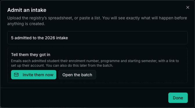 The final step of the admit dialog, reporting five admitted to the 2026 intake and offering an 'Invite them now' button alongside a link to open the batch.
