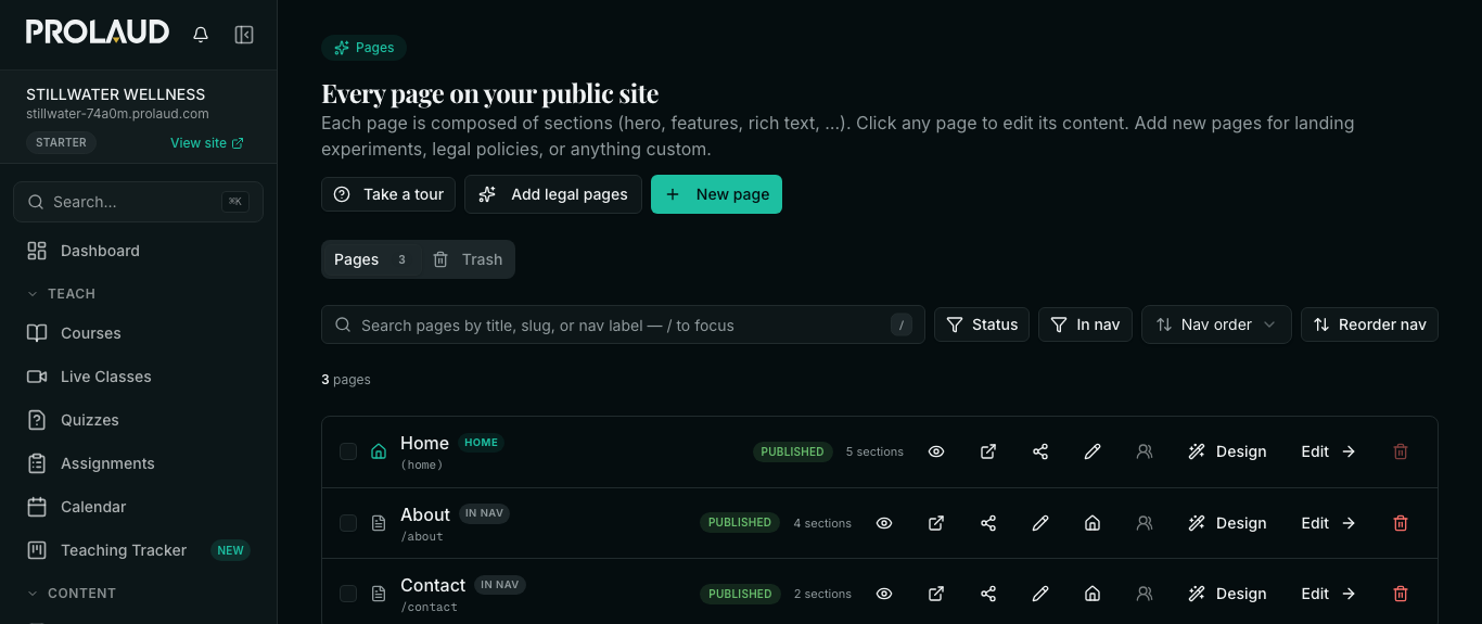 The Pages list under Public Site, with the New page button