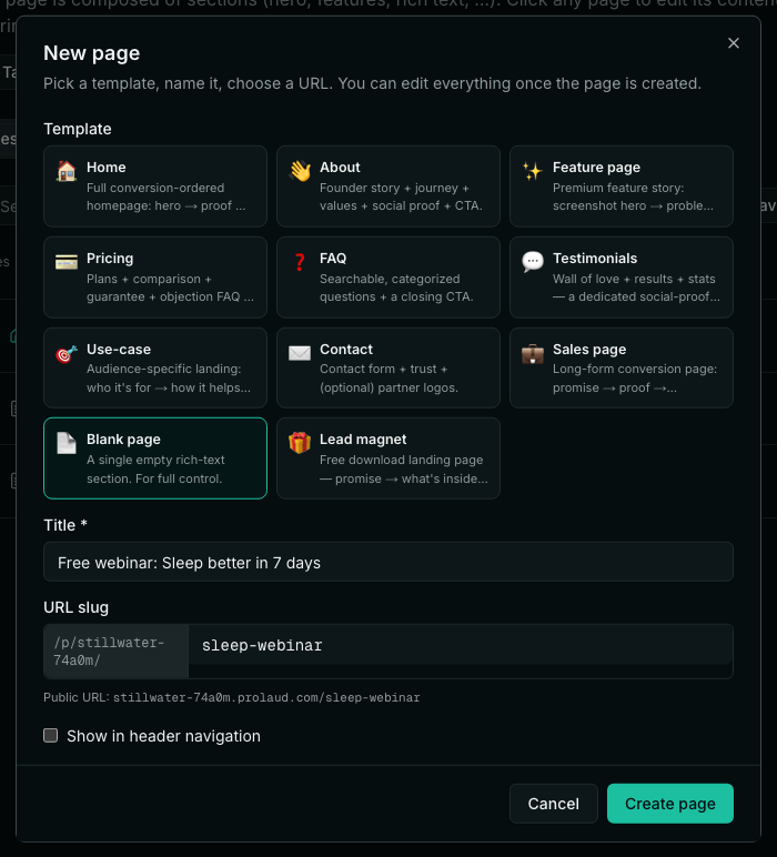 The New page dialog with the Blank page template selected, a title, the slug sleep-webinar, and Show in header navigation unticked