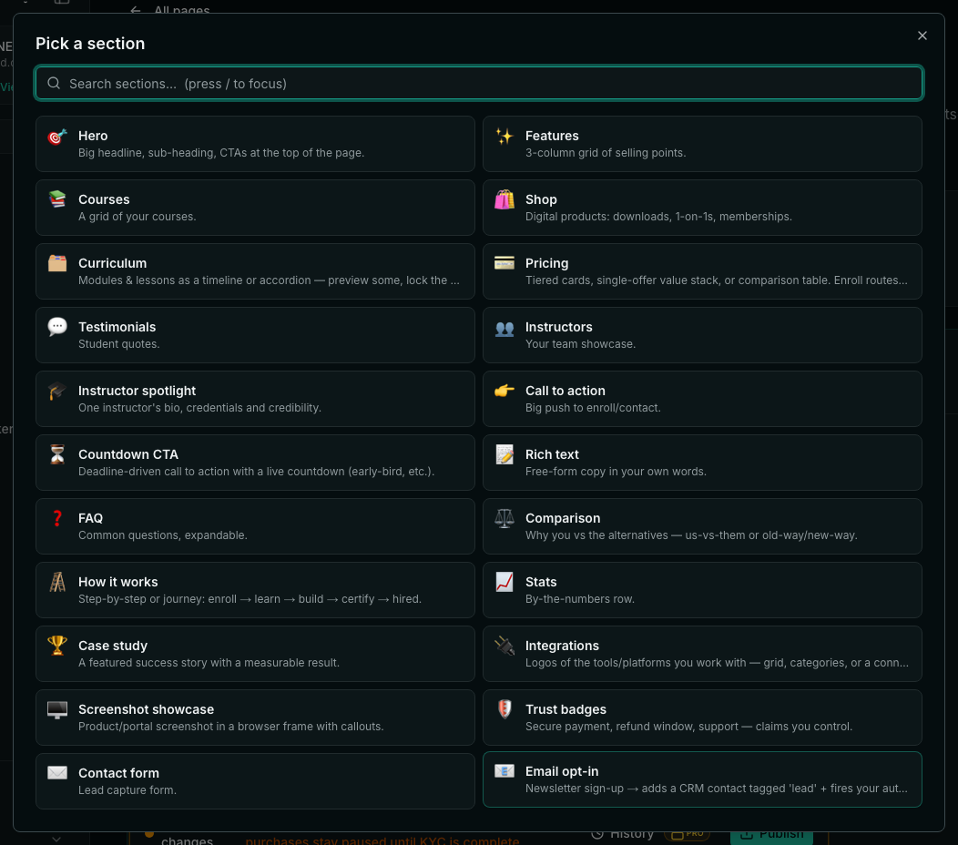 The Pick a section dialog listing every section type, with Email opt-in highlighted