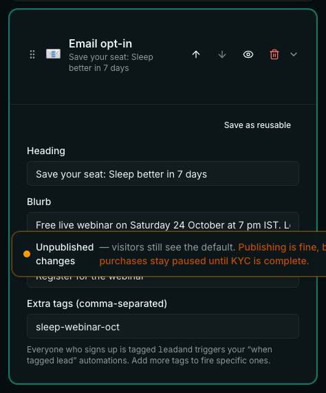 The Email opt-in section's settings: Heading, Blurb, Button label and Extra tags set to sleep-webinar-oct