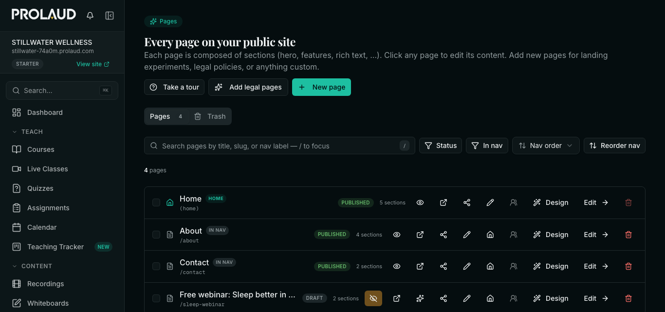 The Pages list with the new webinar page marked Draft and its publish icon highlighted