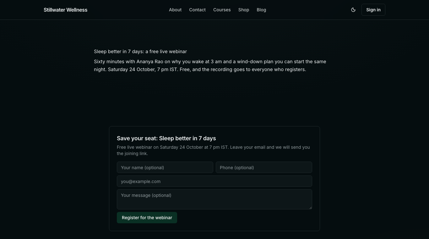 The published webinar page as a visitor sees it: the intro text and a registration form with name, phone, email and message fields