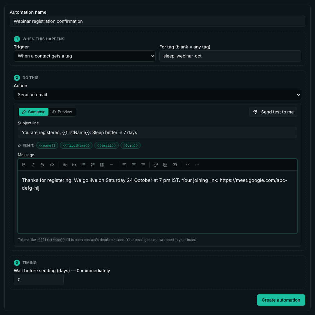 The automation builder: trigger When a contact gets a tag, tag sleep-webinar-oct, action Send an email, with a subject line and a message containing the joining link