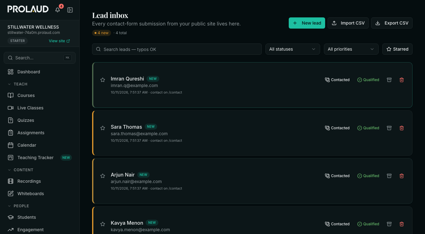 The Lead inbox listing the four people who registered, newest first