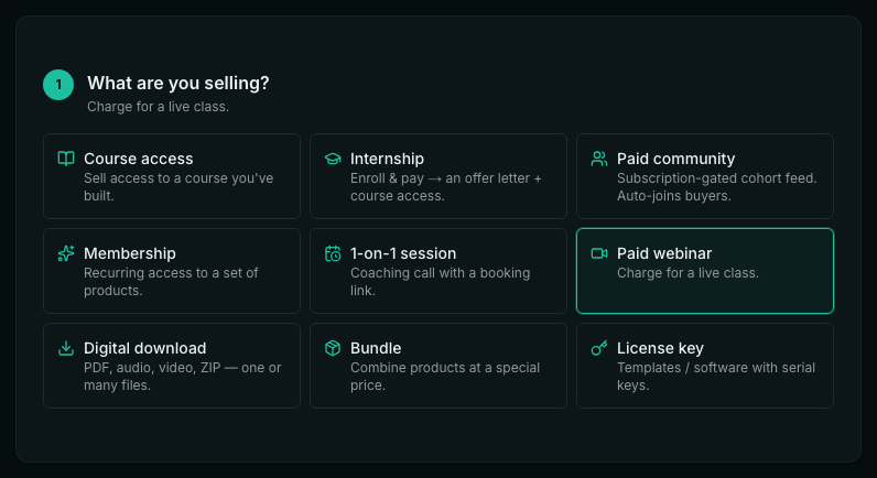 The What are you selling? step of a new product with Paid webinar selected