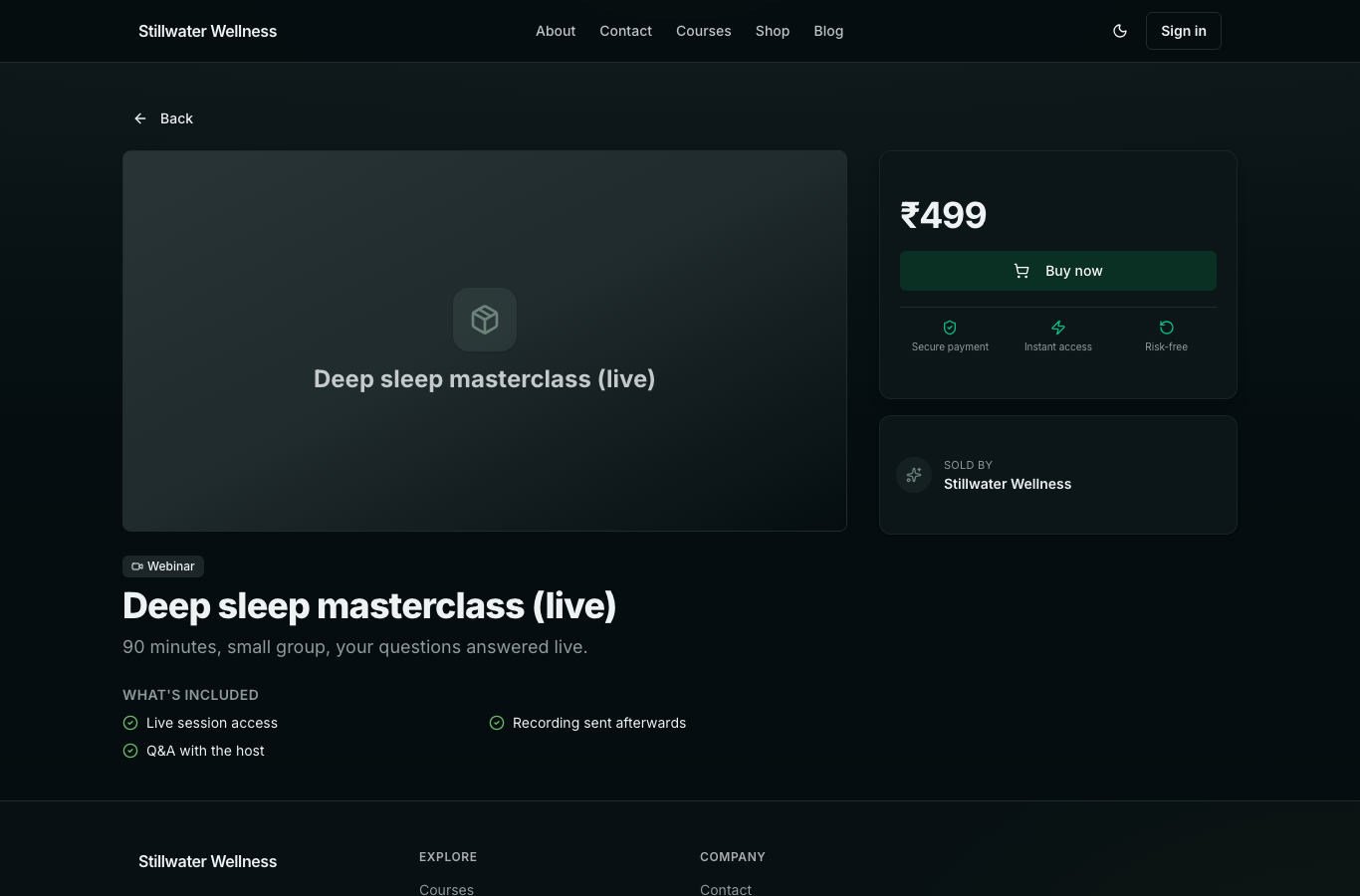 The published webinar product's public page with its price and a Buy now button