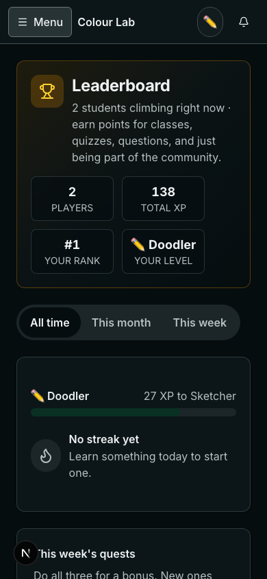 A student's Leaderboard page: level and streak, weekly quests, How to earn XP