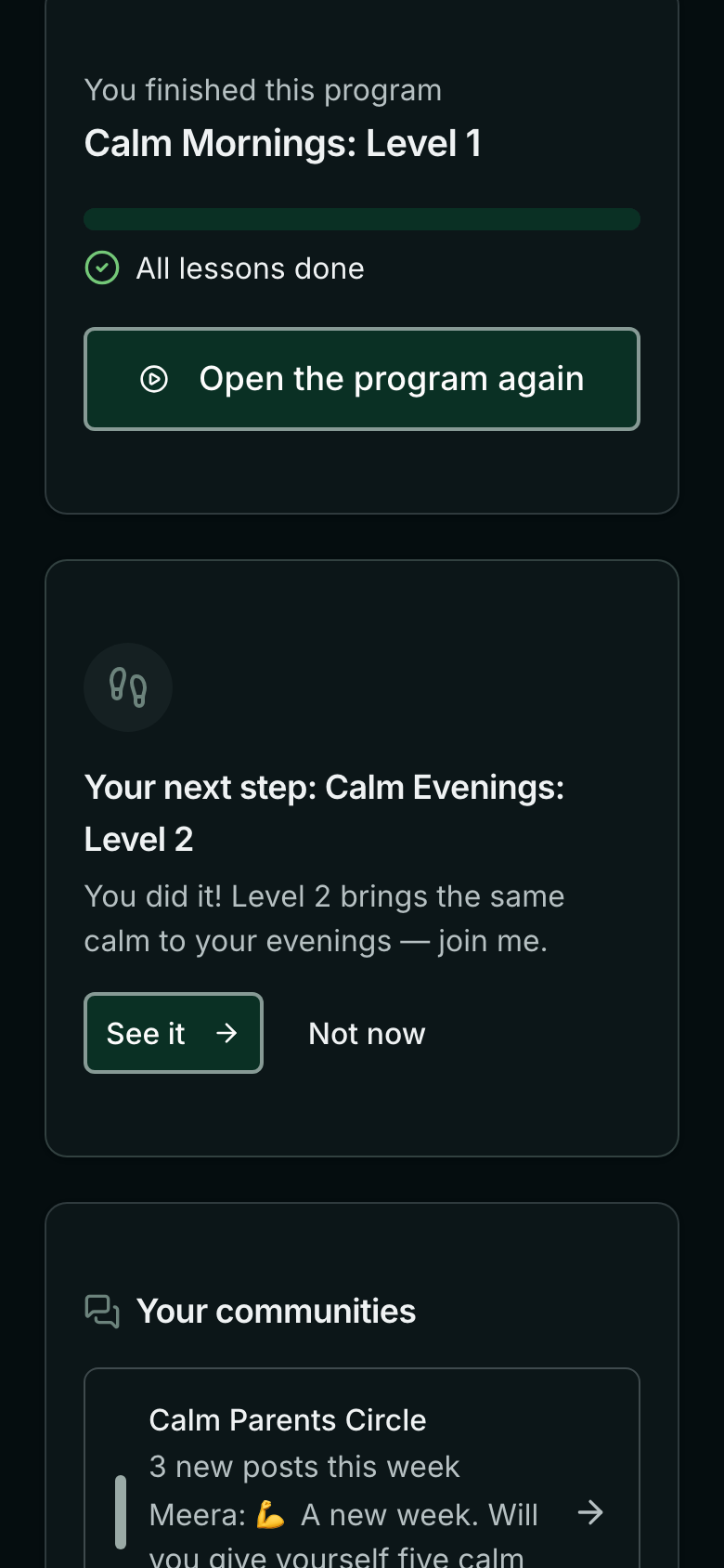 On a phone: You finished this program, Calm Mornings: Level 1 — then Your next step: Calm Evenings: Level 2, You did it! Level 2 brings the same calm to your evenings — join me. See it, Not now