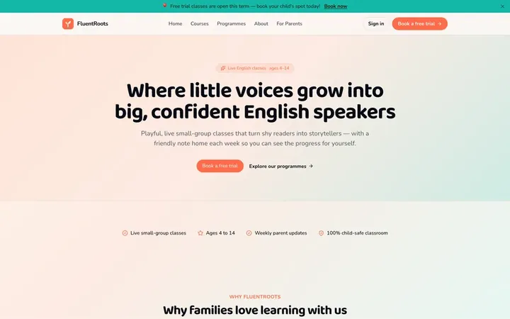 The home page of FluentRoots, a live academy website built on Prolaud