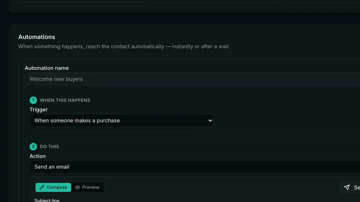 The automation builder: when someone makes a purchase, send an email