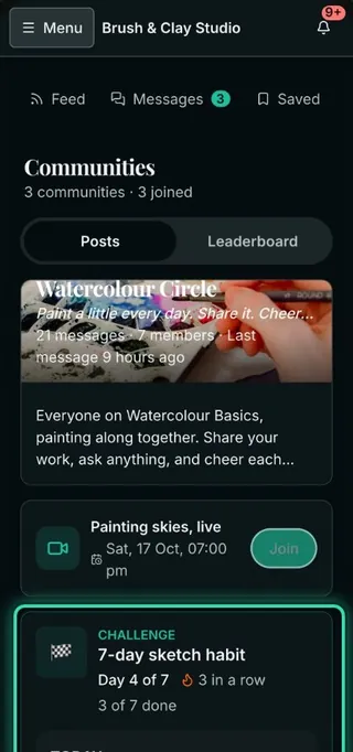 The same academy on a student's phone: their communities, tonight's live class with Join, and day 4 of the sketch challenge