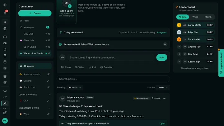 A Prolaud community wall: a 7-day sketch challenge, a classmate's progress, the post composer, a teacher's pinned announcement and the community's own leaderboard
