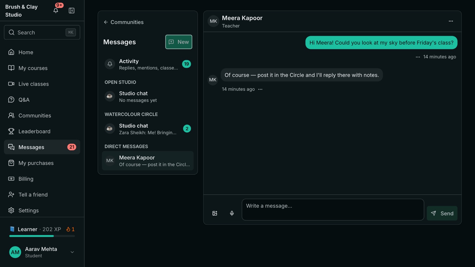 Messages: an Activity inbox, Studio chat spaces for two communities, and a direct message thread in which a student asks the teacher to look at a painting before Friday's class