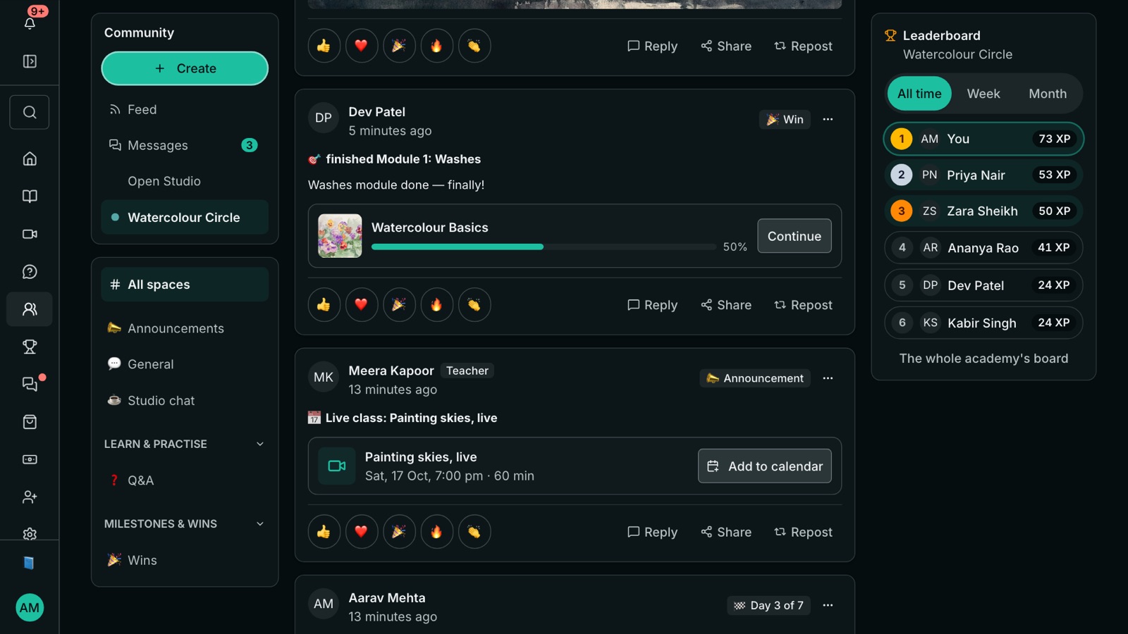 A student's community feed: Dev Patel's 'finished Module 1: Washes' post with the Watercolour Basics course at 50% and a Continue button, the teacher's announcement of a live class with Add to calendar, a 'Day 3 of 7' challenge check-in, and the Watercolour Circle leaderboard with XP for six students
