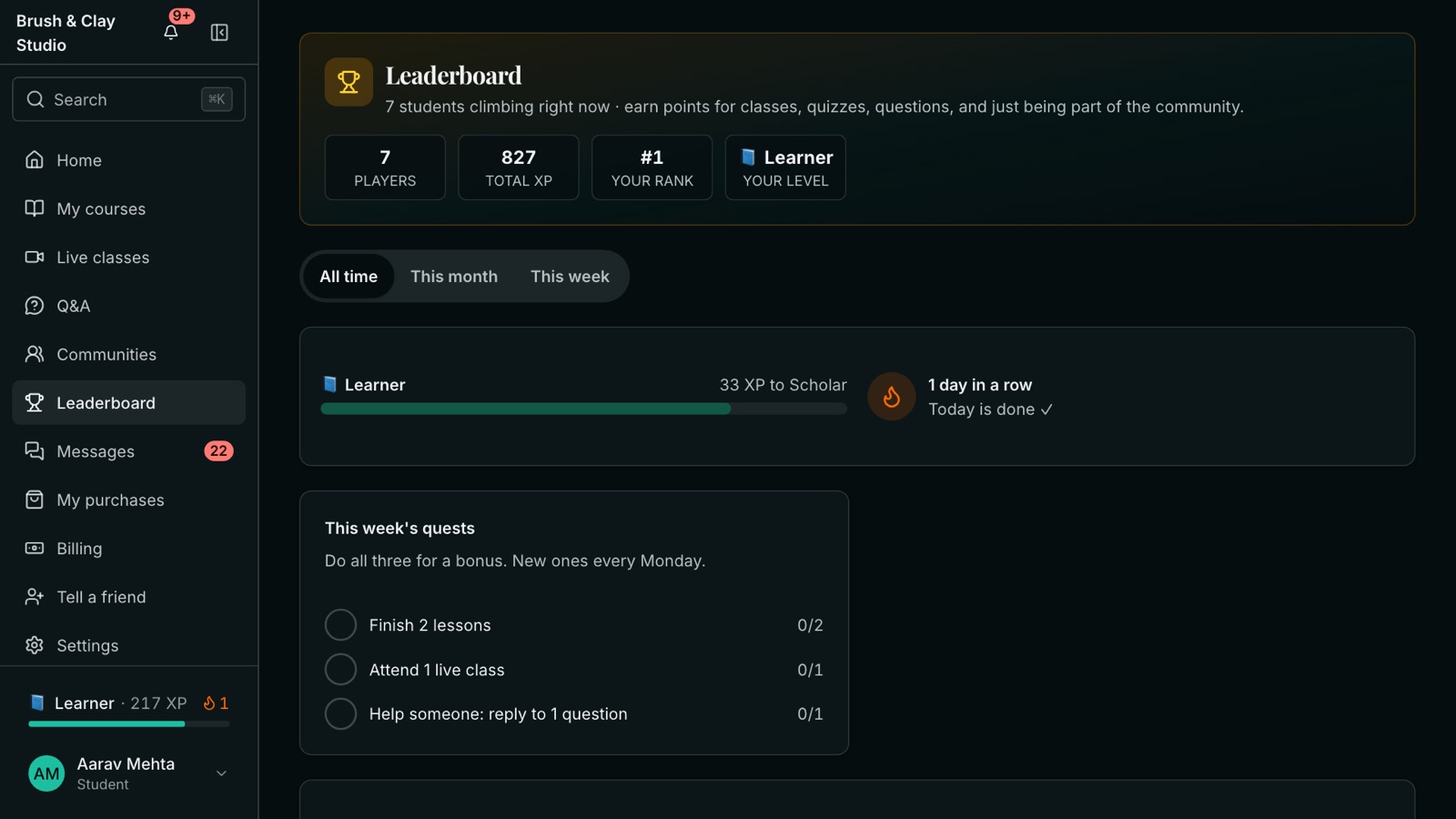 The student Leaderboard page: 7 players, 827 total XP, rank #1, level Learner with 33 XP to Scholar, a one-day streak, and this week's quests: finish 2 lessons, attend 1 live class, help someone by replying to 1 question