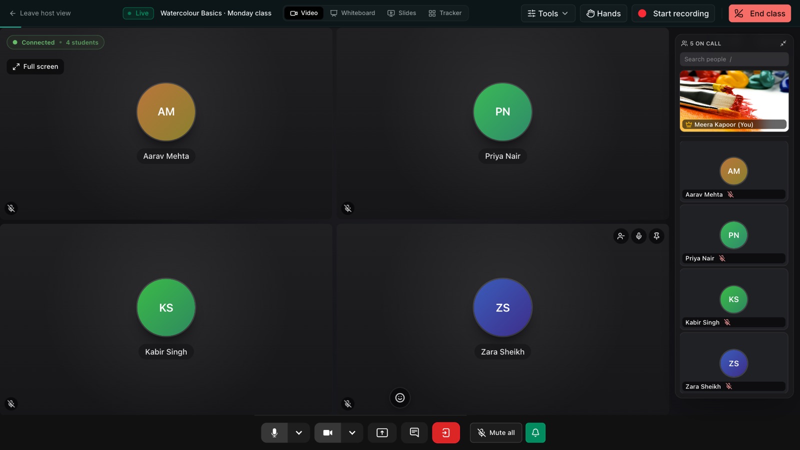 The teacher's host view of a live class: students on the call in a grid, tabs for Video, Whiteboard, Slides and Tracker, buttons for Tools, Hands, Start recording and End class, and the participant rail on the right