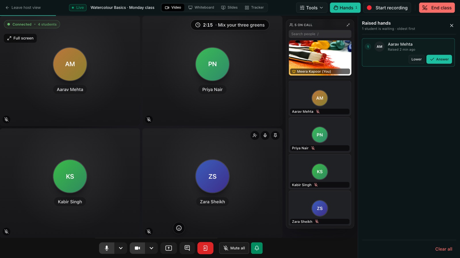 The host view during an exercise: a timer reading 2:15 with the label Mix your three greens, the Hands button showing 1, and a Raised hands panel listing Aarav Mehta, raised 2 minutes ago, with Lower and Answer buttons