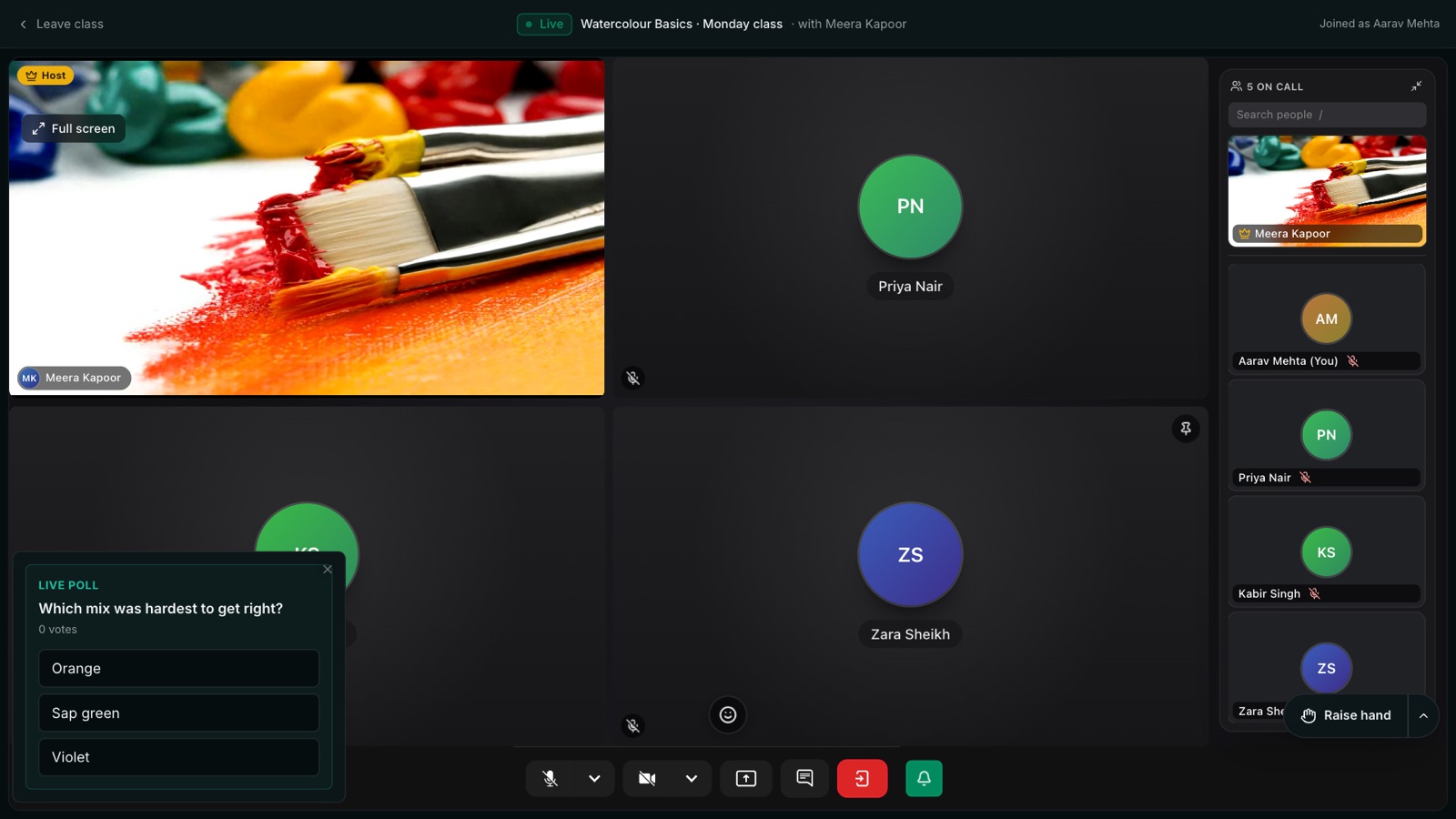 A student's view of a live poll during the class: a Live poll card asking Which mix was hardest to get right, with options Orange, Sap green and Violet, over the class video grid with five people on the call