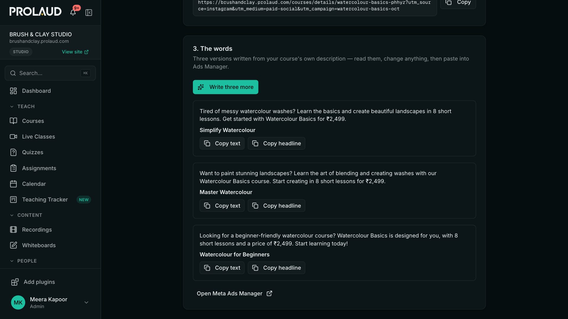 Three ad texts written from the course description, each with Copy text and Copy headline buttons, and a link to open Meta Ads Manager