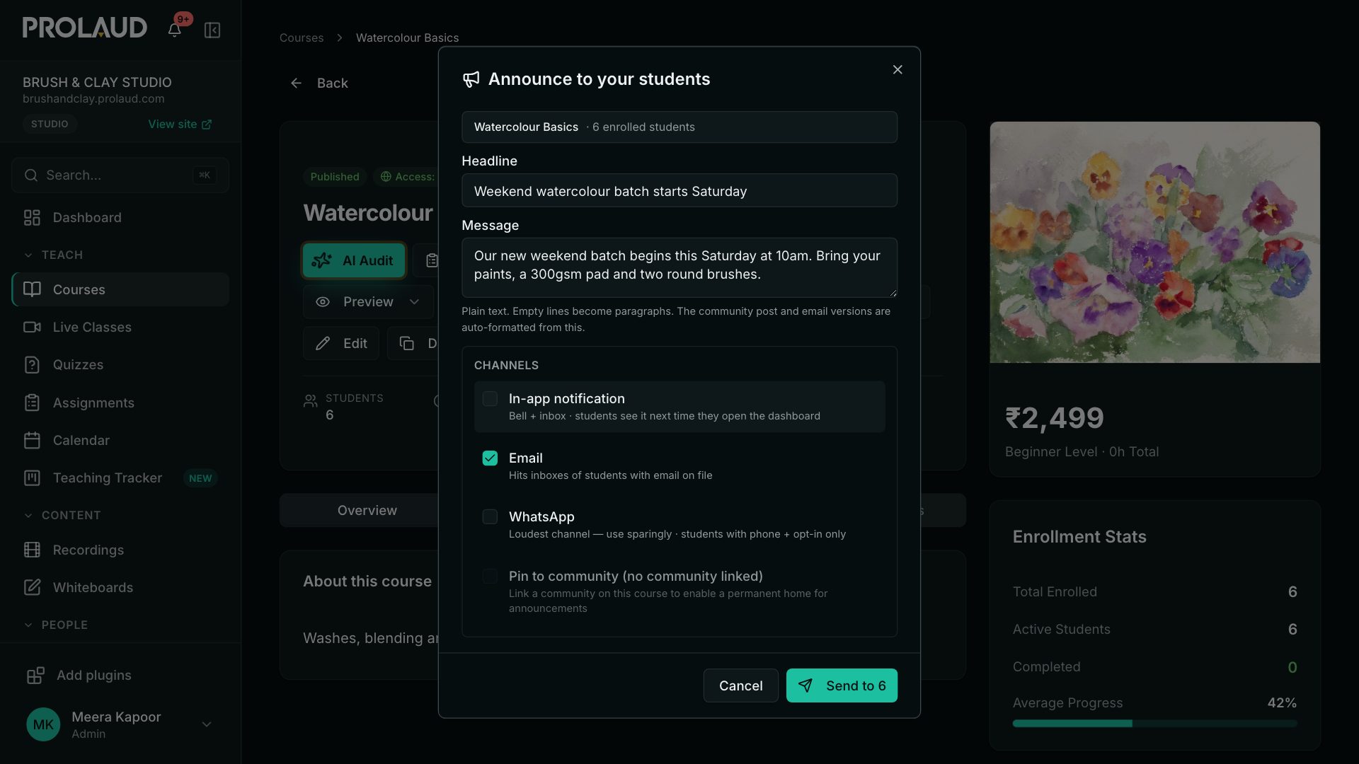 The Announce to your students dialog on a course: the course and its enrolled students, a headline, a message and the Email channel ticked, with a Send to 6 button
