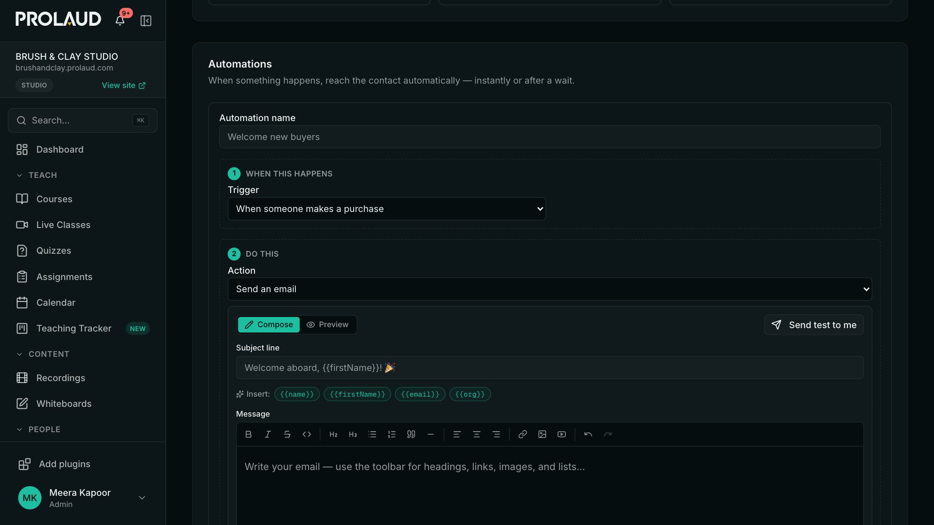 Building an automation: the trigger When someone makes a purchase, the action Send an email, and the email editor with a subject using the first name