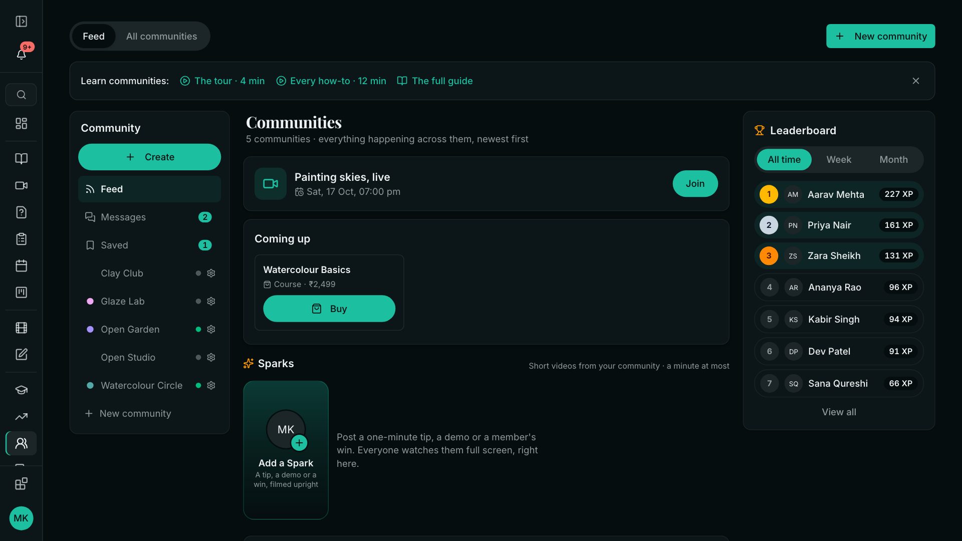 Communities: the list of communities, the next live class with Join, a course on sale with Buy, short videos, and the leaderboard