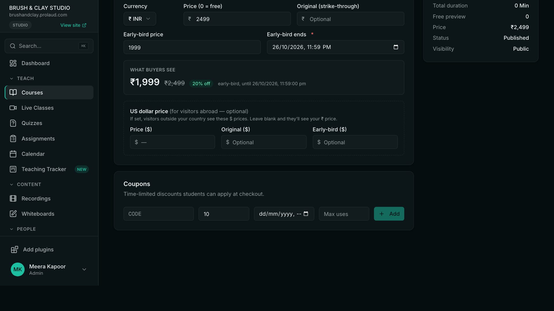 The Coupons section of the course Pricing tab: a code, the discount, an end date, a maximum number of uses and an Add button