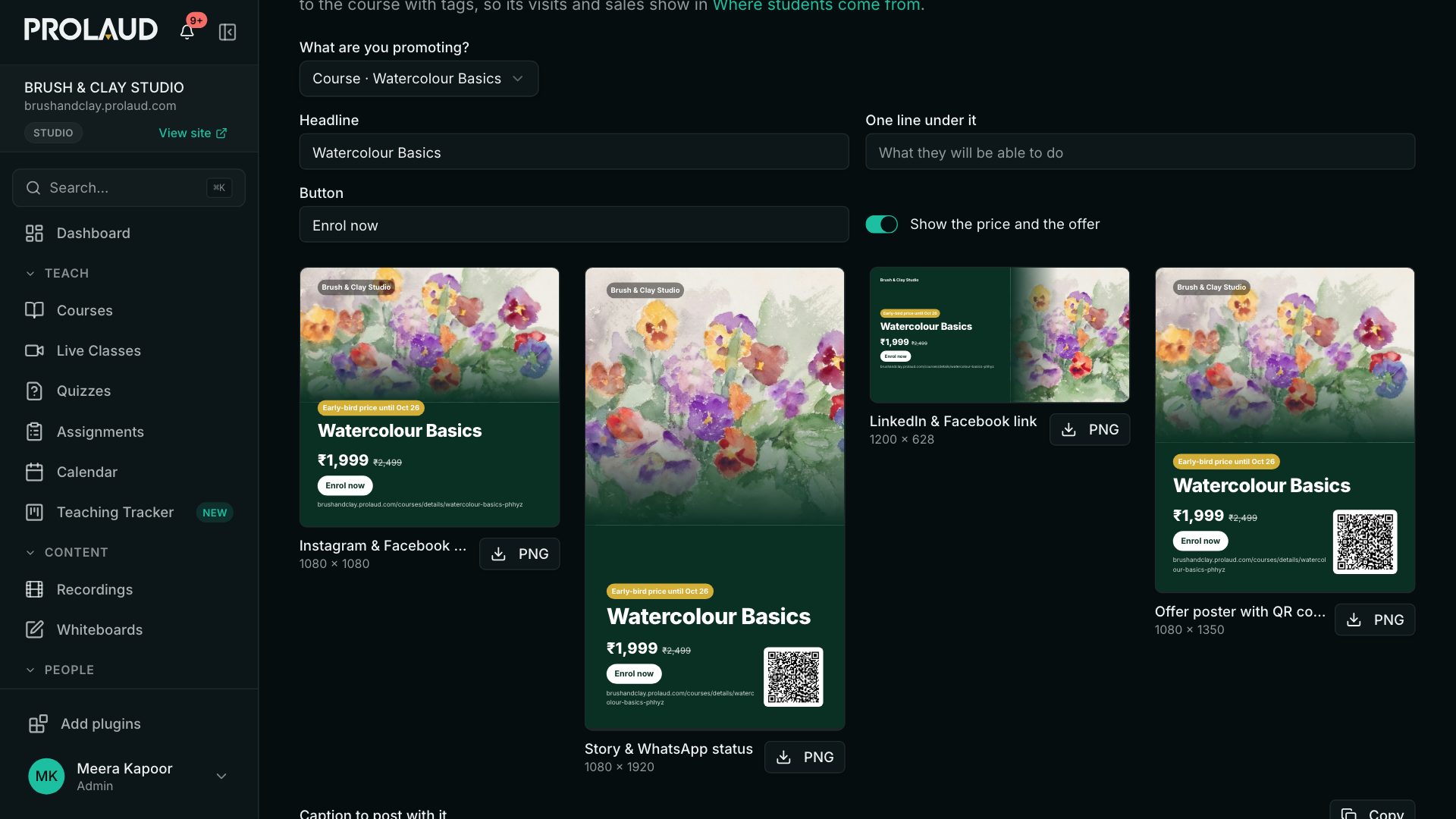 Marketing creatives: the course picker, headline, one line under it and button text, and four designs side by side — square post, story, LinkedIn banner and poster with a QR code