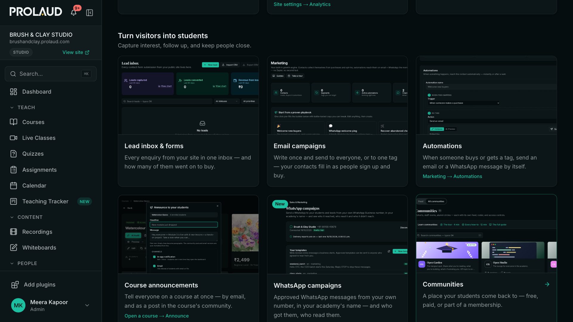 The Turn visitors into students cards: Lead inbox & forms, Email campaigns, Automations, Course announcements, WhatsApp campaigns and Communities