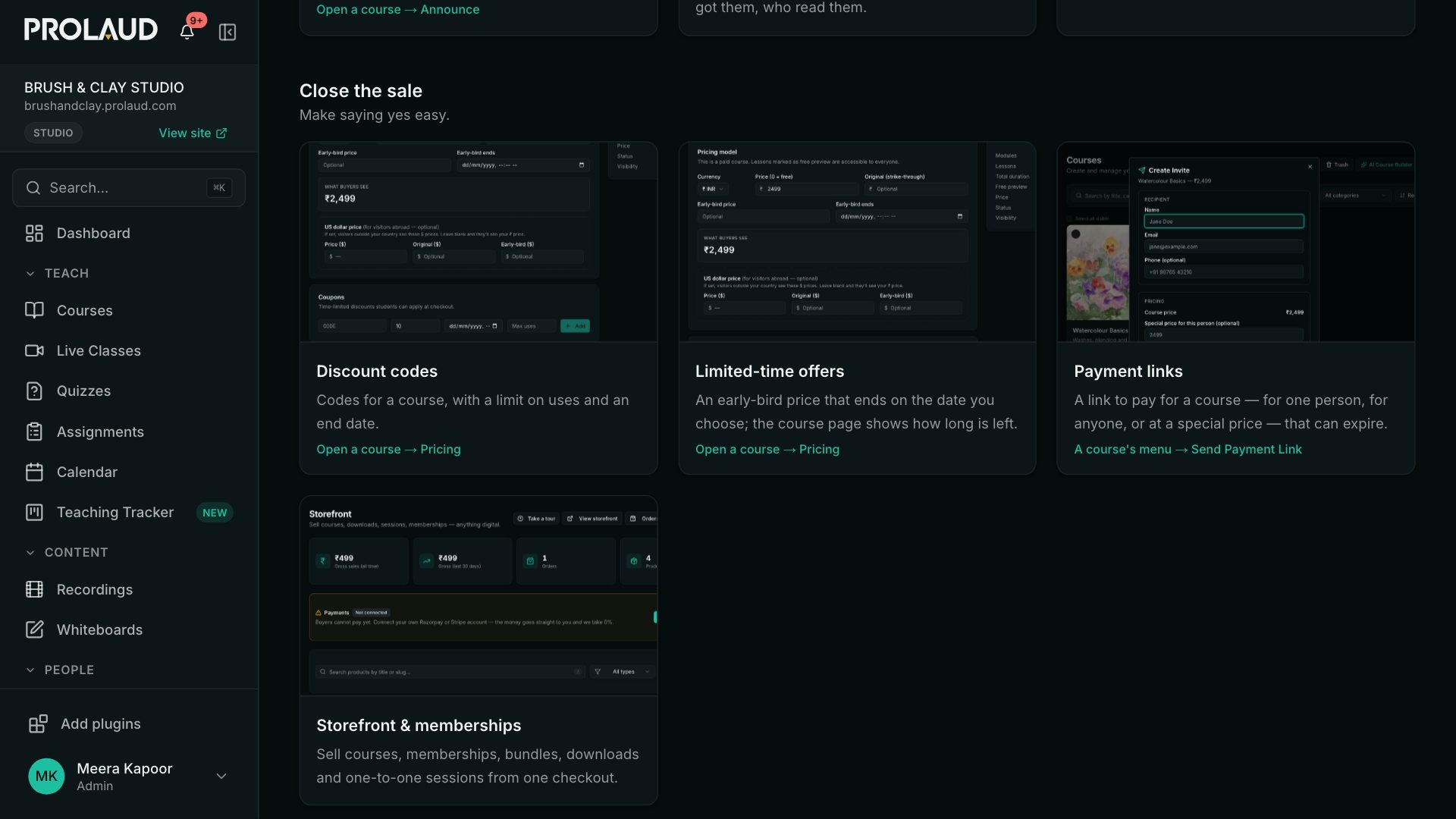 The Close the sale cards: Discount codes, Limited-time offers, Payment links and Storefront & memberships