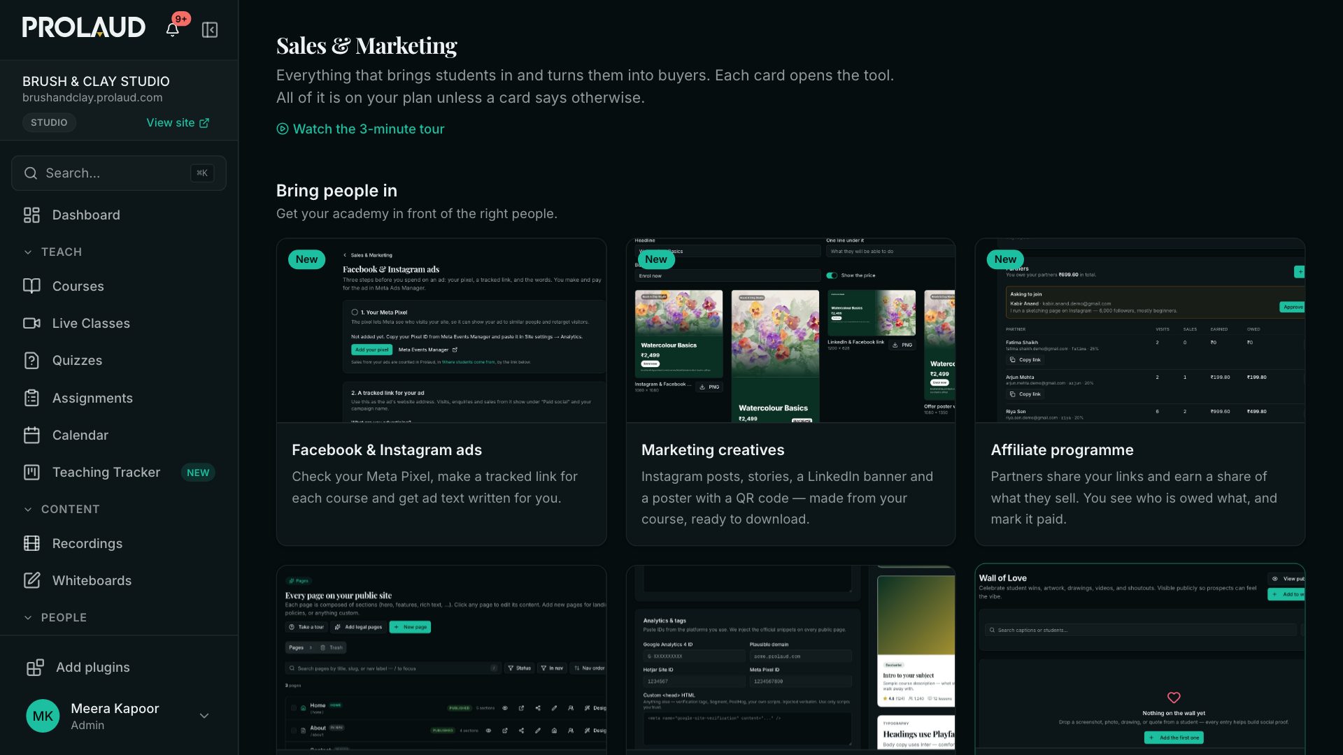 The Sales & Marketing page in the Prolaud dashboard: a short tour link, then the Bring people in cards for Facebook & Instagram ads, Marketing creatives and the Affiliate programme