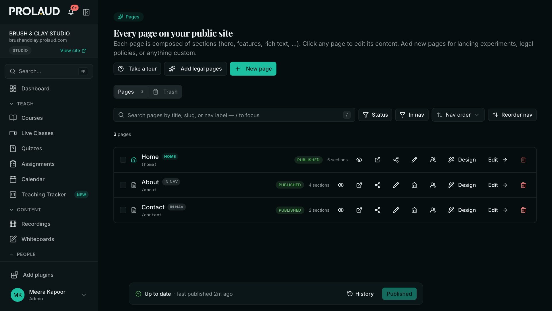 Pages: the list of the academy's pages — Home, About and Contact — each published, with Design and Edit buttons, and New page and Add legal pages at the top