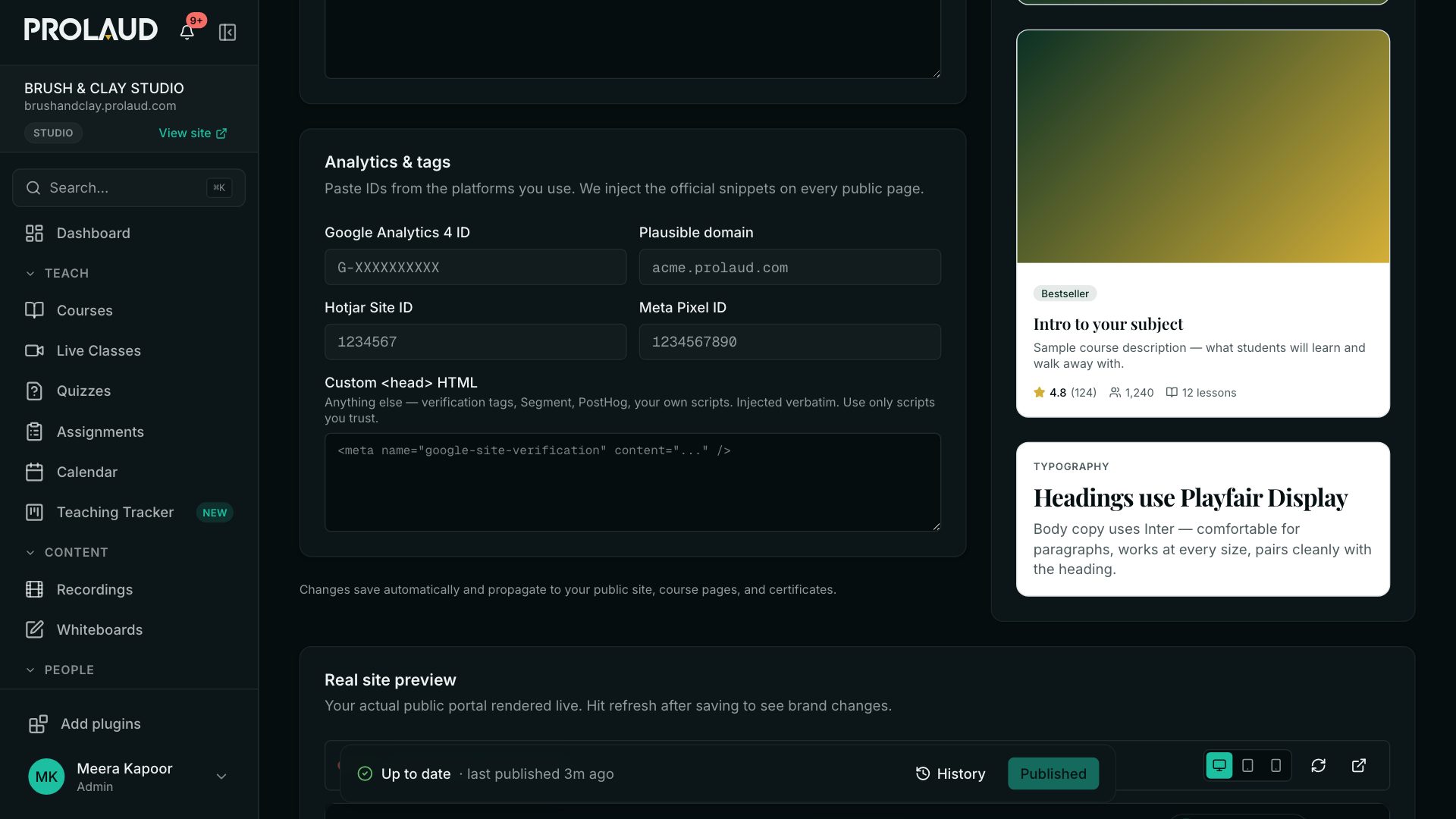 Site settings, Analytics & tags: fields for the Google Analytics 4 ID, Plausible domain, Hotjar Site ID, Meta Pixel ID and custom head HTML