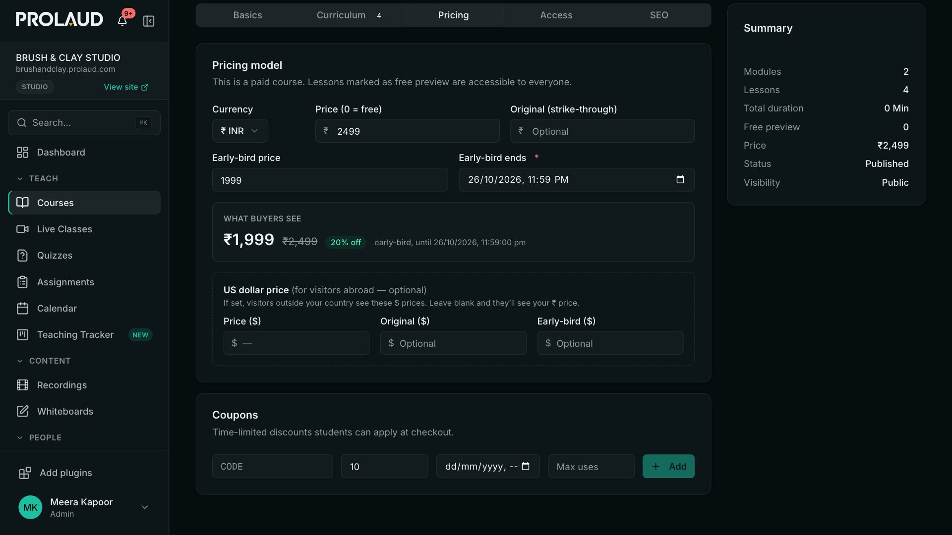 The course Pricing tab: currency, price and strike-through price, the early-bird price and the date it ends, and What buyers see showing the offer price with the full price struck through and the saving