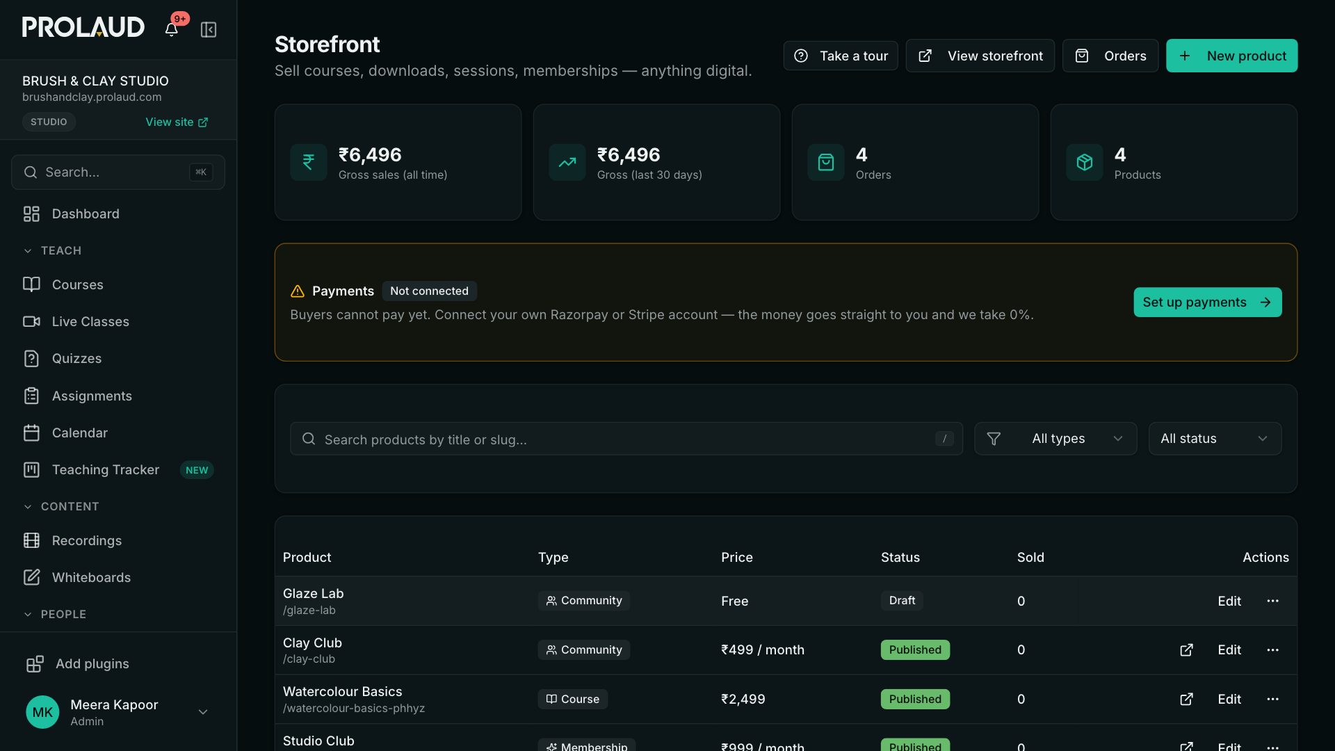 The Storefront: gross sales, orders and products at the top, a note to connect payments, and the list of products — communities, a course and a membership — with their prices and status