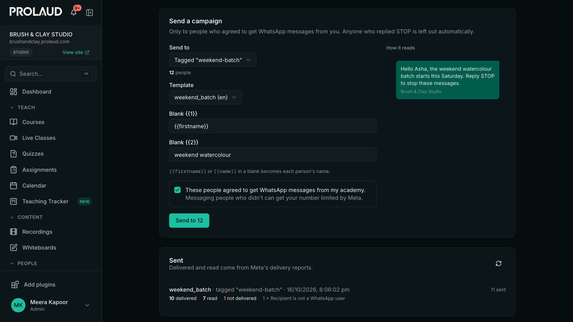 Send a campaign: send to a tag, the template, its blanks with first name and the batch name, the consent box, and a preview of the message