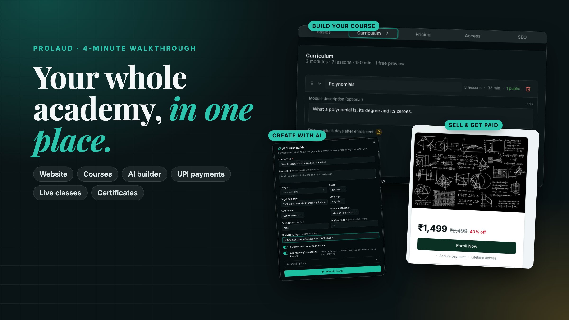 Prolaud's course editor, the AI Course Builder, and a course page with its price and Enroll Now button.