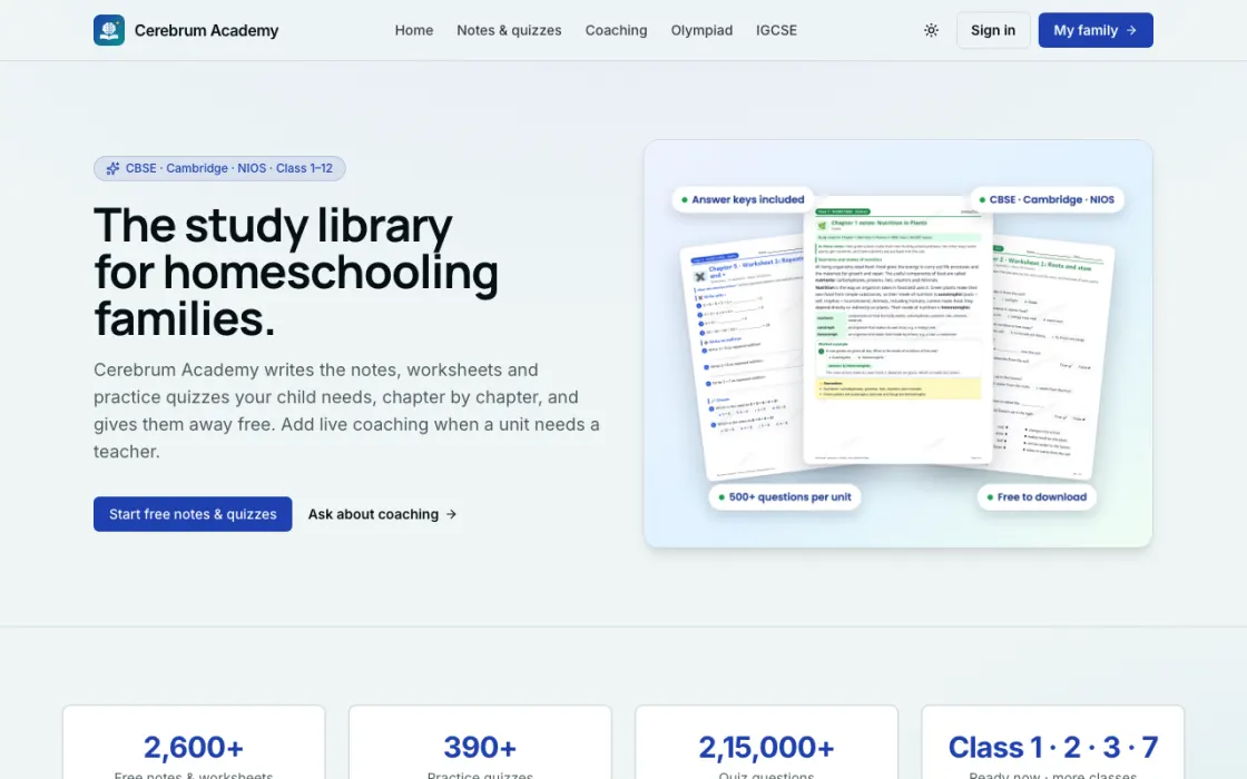 Cerebrum Academy's own website on Prolaud: its name and logo, its menu of notes, quizzes and coaching, and a button to start.