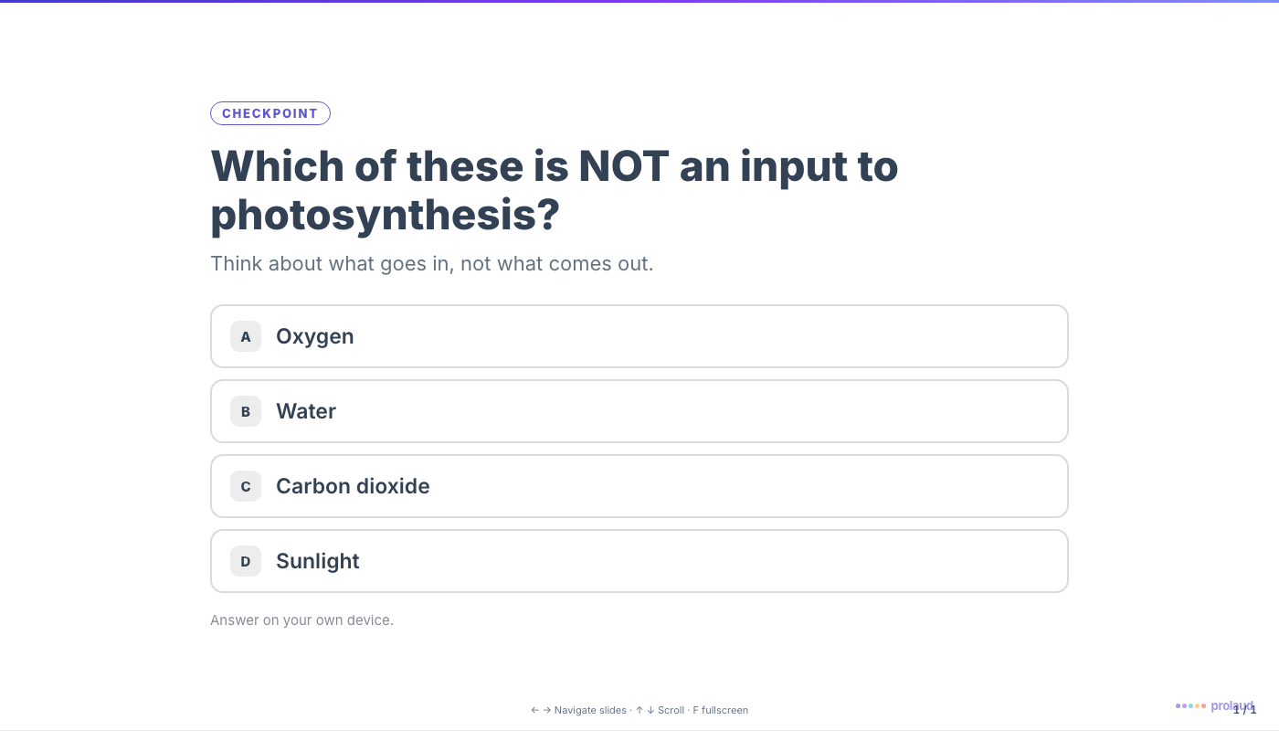 A checkpoint slide asking which option is not an input to photosynthesis, with four lettered choices