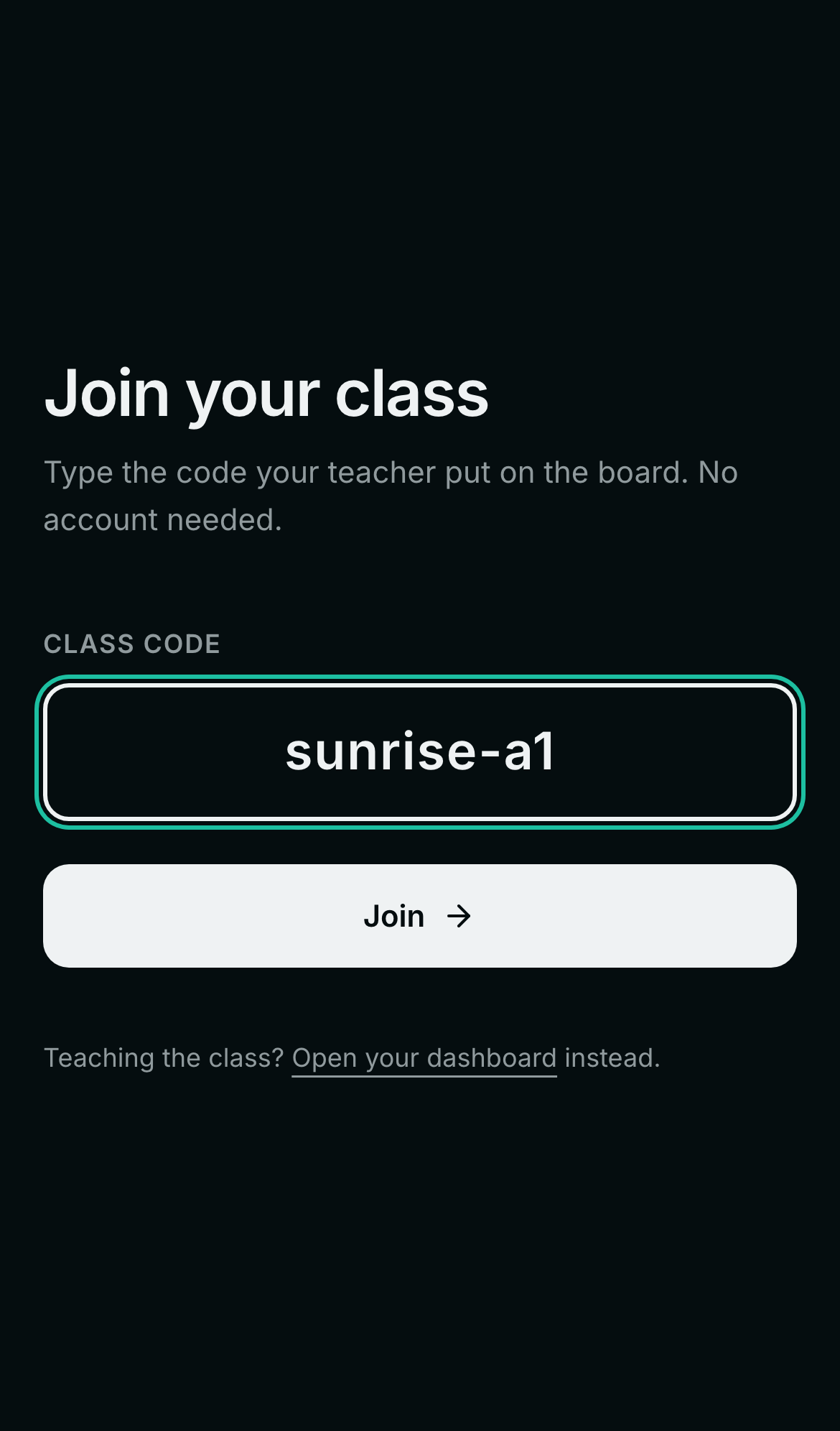 The join page on a phone: one field for the class code