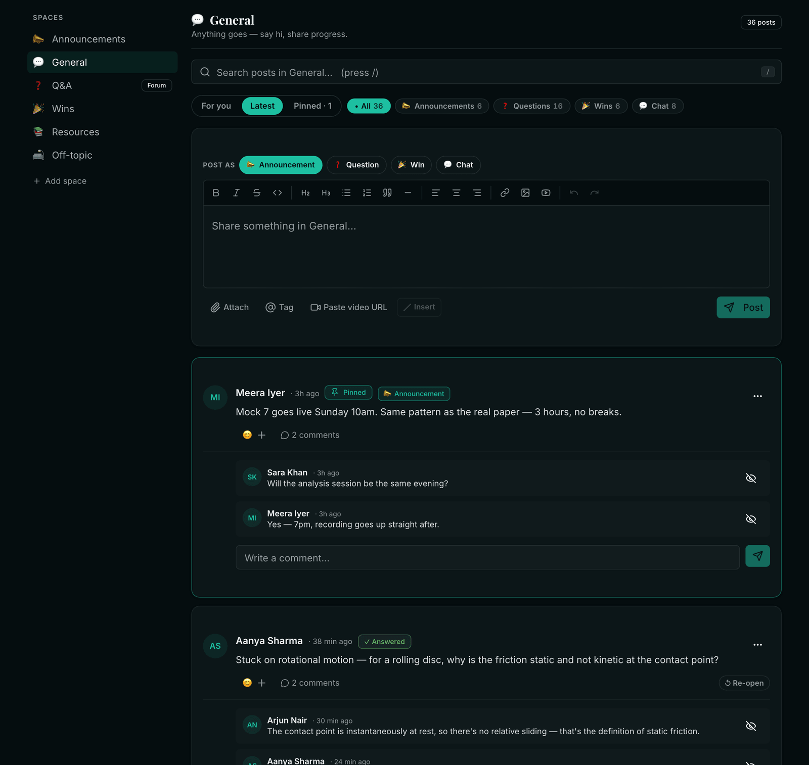 A cohort's Common Room: a Spaces sidebar with Announcements, General, Q&A, Wins, Resources and Off-topic; filter chips counting 36 posts; a rich-text composer with Announcement, Question, Win and Chat post types; and a pinned announcement with two threaded replies.